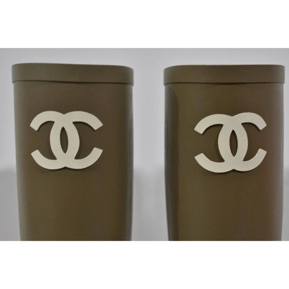 Chanel REV Dark Beige Caoutchouc White CC Logo High Pull On Rubber Rain Boots 36 - Picture 6 of 12